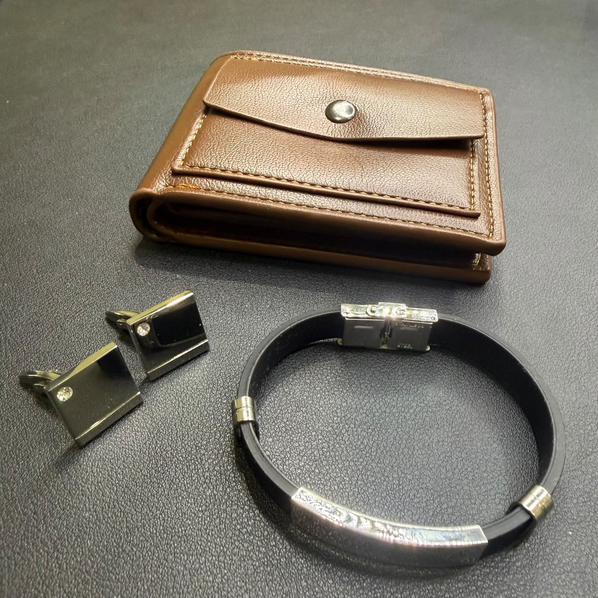 Set Gentleman- Bracciale Gemelli Portafoglio - Acciaio - Marrone/Nero