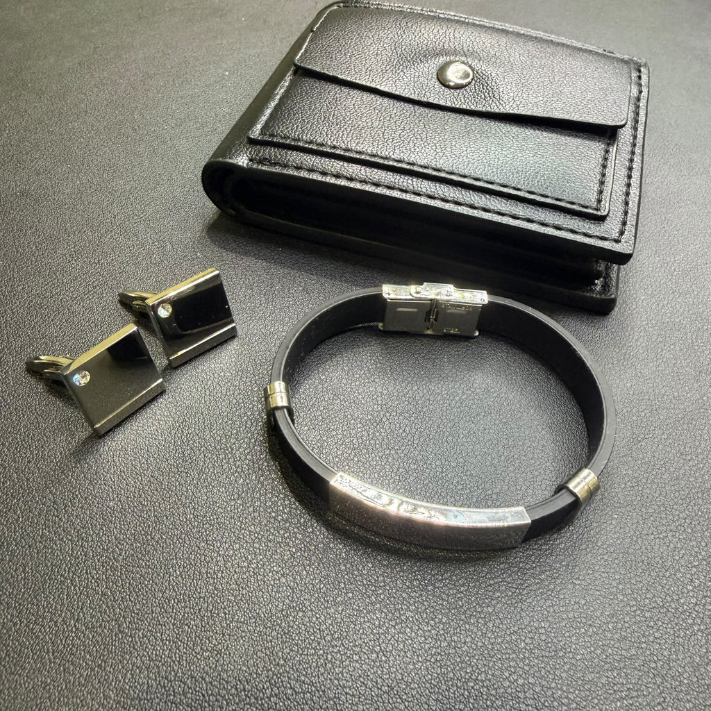 Set Gentleman- Bracciale Gemelli Portafoglio - Acciaio - Marrone/Nero