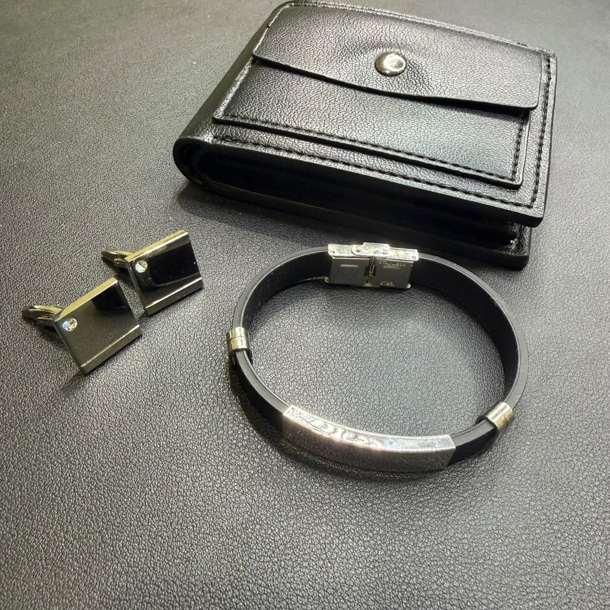 Set Gentleman- Bracciale Gemelli Portafoglio - Acciaio - Marrone/Nero