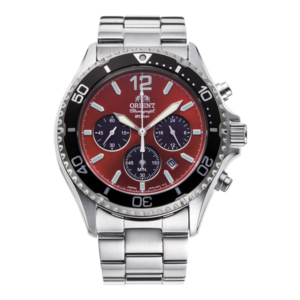 ORIENT – RA-TX0207R10B – Mako Solar Chrono – Cronografo Solare Analogico – Rosso & Acciaio – Vetro Zaffiro – 20 ATM – Orologio Uomo – 42,8 mm