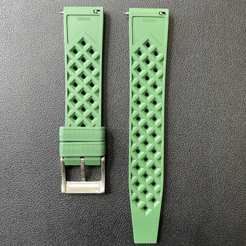 Cinturino Tropic in caucciù con sgancio rapido, disponibile in 9 colori, ansa 20mm, stile vintage e sportivo.