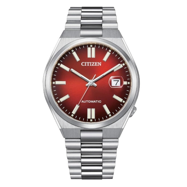 Orologio Citizen NJ0150‑56W Tsuyosa automatico con quadrante rosso e bracciale in acciaio, vista frontale.