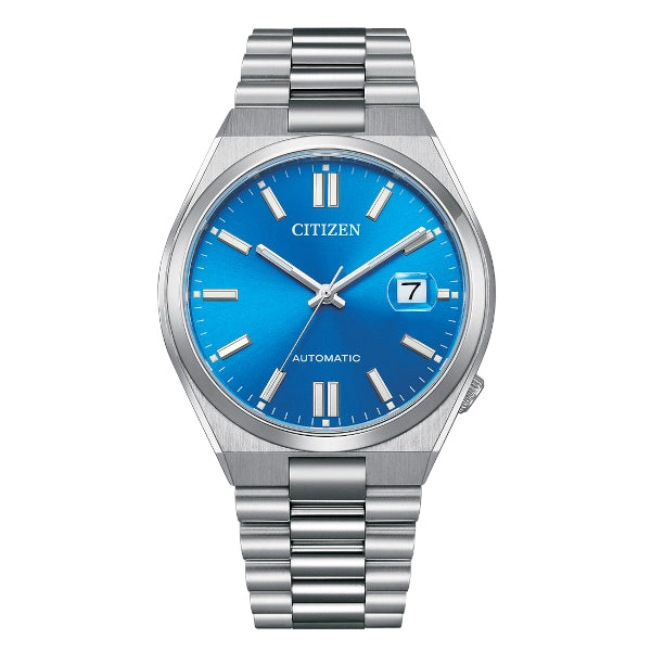 Orologio Citizen NJ0158‑89L Tsuyosa automatico con quadrante azzurro e cassa in acciaio, vista frontale.