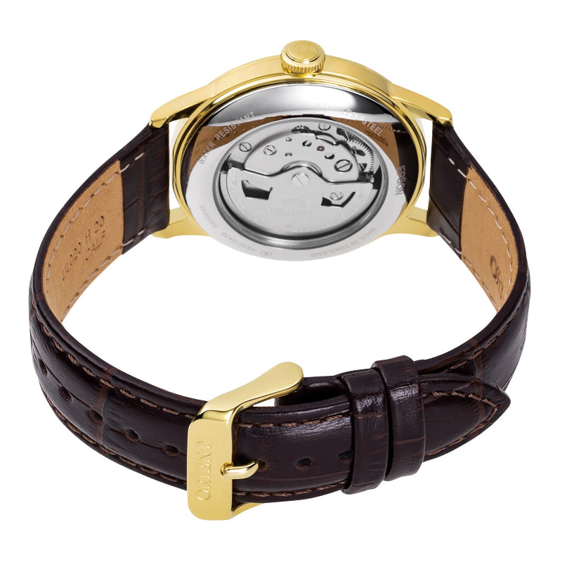 Orologio Orient Bambino 38 RA-AC0M01S da uomo con quadrante champagne, cassa dorata 38 mm e cinturino in pelle marrone, stile classico.