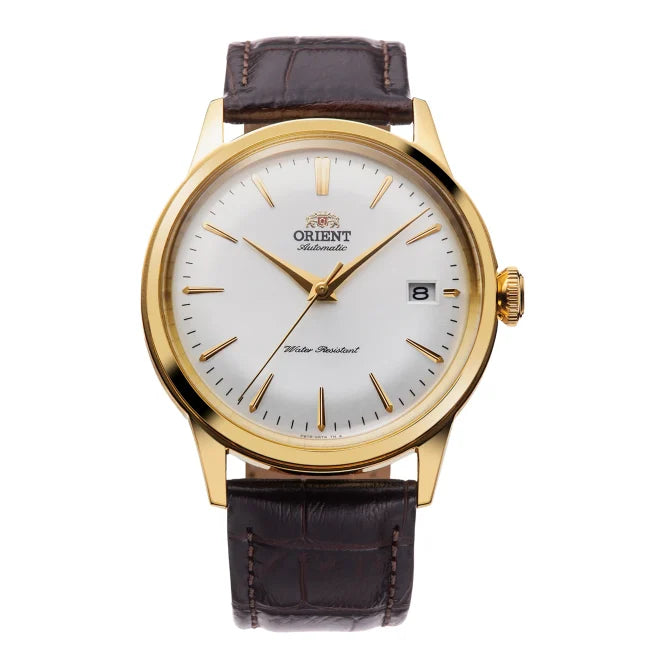 Orologio Orient Bambino 38 RA-AC0M01S da uomo con quadrante champagne, cassa dorata 38 mm e cinturino in pelle marrone, stile classico.