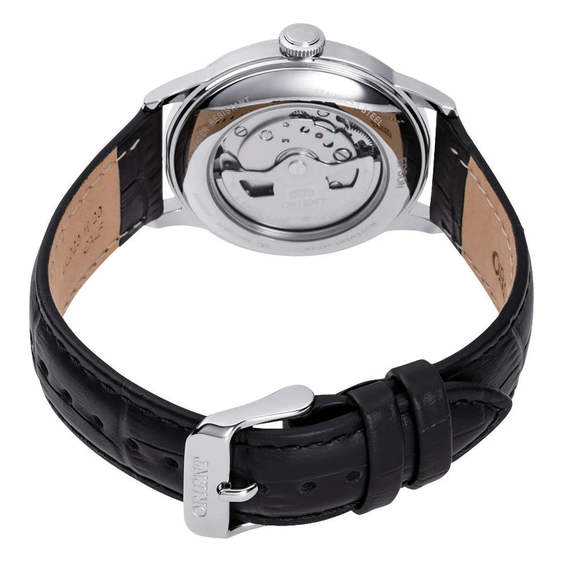 Orologio Orient Bambino 38 RA-AC0M02B da uomo con quadrante nero, cassa 38 mm in acciaio e cinturino in pelle nera, stile classico.