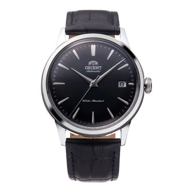 Orologio Orient Bambino 38 RA-AC0M02B da uomo con quadrante nero, cassa 38 mm in acciaio e cinturino in pelle nera, stile classico.