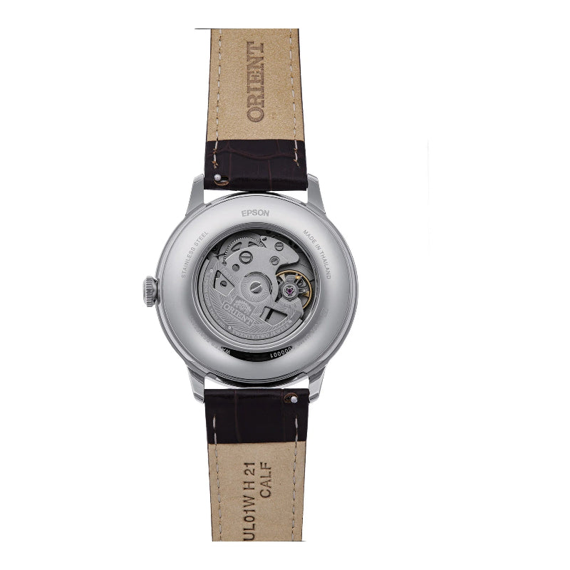 retro Orologio Orient automatico da uomo Bambino Sun & Moon con cinturino in pelle marrone.