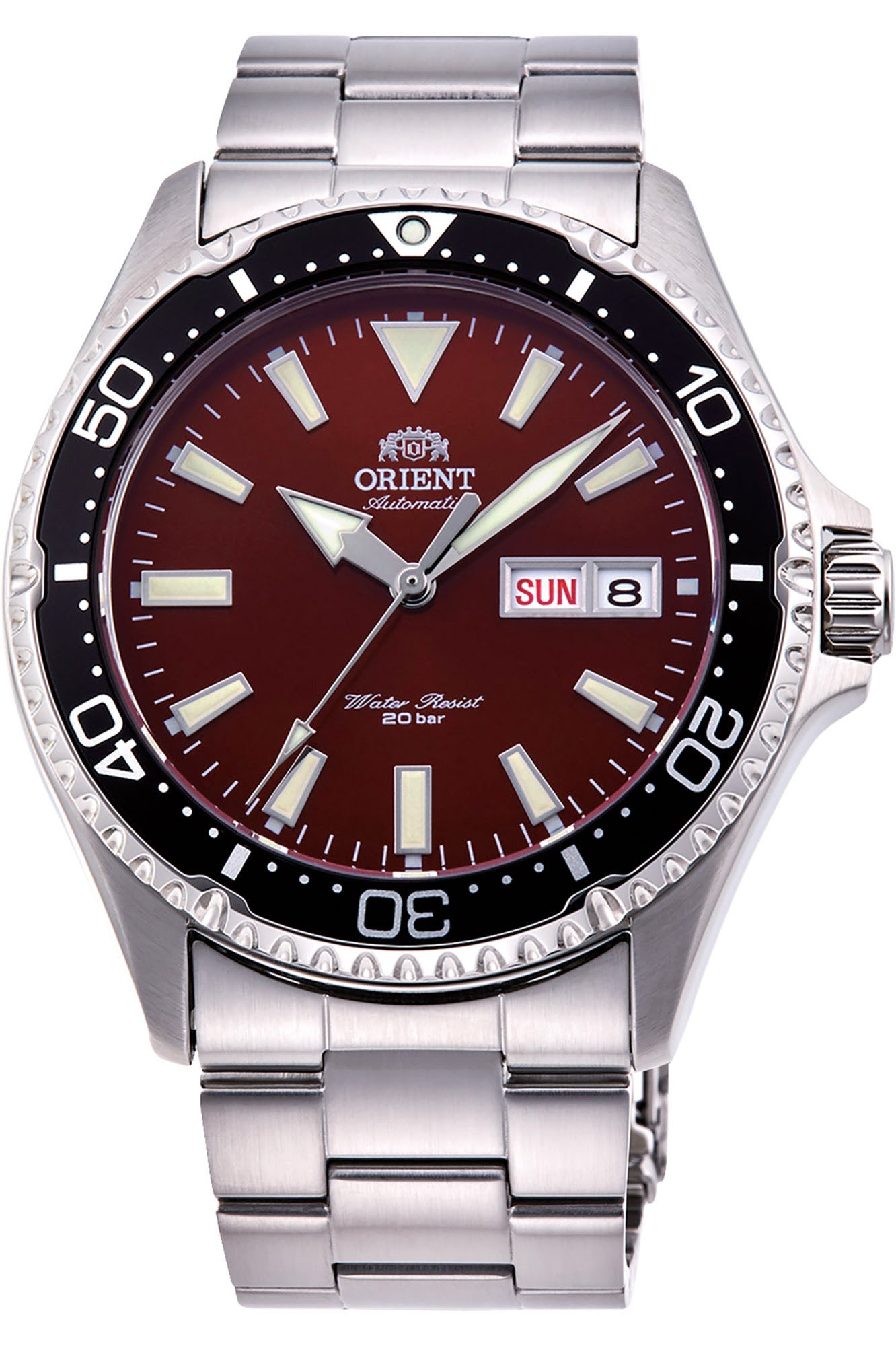 Orologio Orient Kamasu V1 RA-AA0003R con quadrante rosso vino e bracciale in acciaio inox