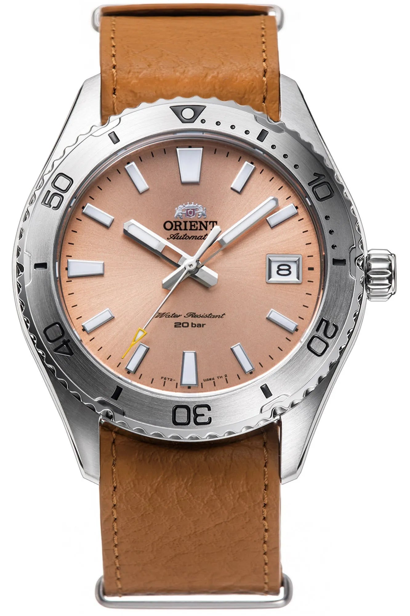 Orologio Orient Mako Diver 40 RA-AC0Q05P con quadrante arancione e cinturino in pelle arancione