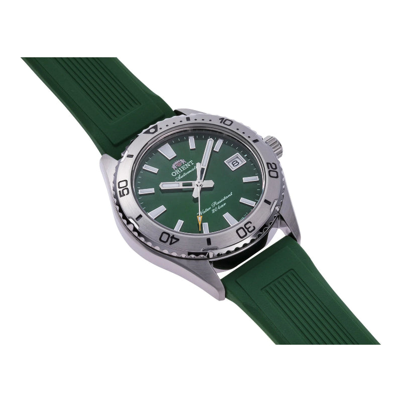 Orologio Orient Mako Diver 40 RA-AC0Q11E da uomo con quadrante verde opale, cassa 40 mm, cinturino in silicone e vetro zaffiro, impermeabile 200 m.