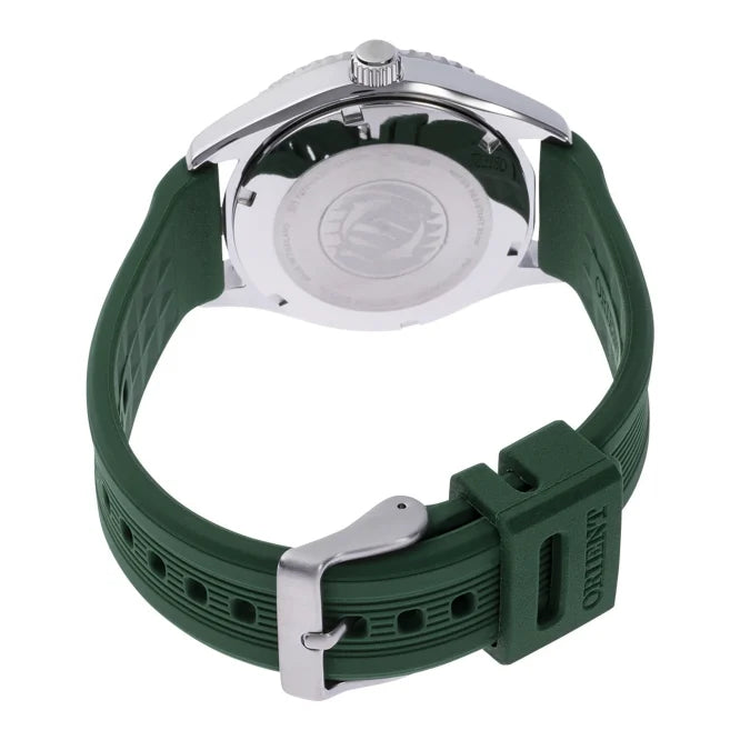 Orologio Orient Mako Diver 40 RA-AC0Q11E da uomo con quadrante verde opale, cassa 40 mm, cinturino in silicone e vetro zaffiro, impermeabile 200 m.