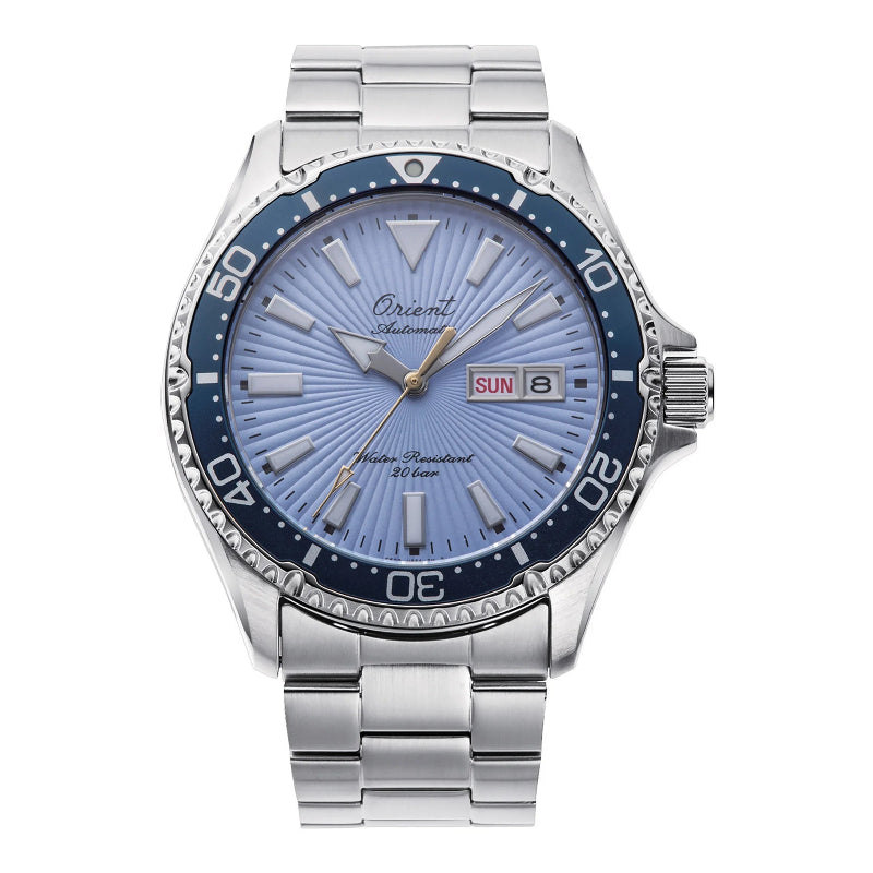 Orologio ORIENT RA-AA0823L automatico con quadrante azzurro, indici arabi e bracciale in acciaio, edizione limitata 75° anniversario.