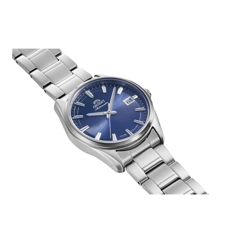 Orologio Orient RA‑AC0R02L automatico da uomo con quadrante blu sunburst, vetro zaffiro e cassa in acciaio.