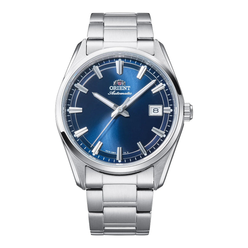 Orologio Orient RA‑AC0R02L automatico da uomo con quadrante blu sunburst, vetro zaffiro e cassa in acciaio.