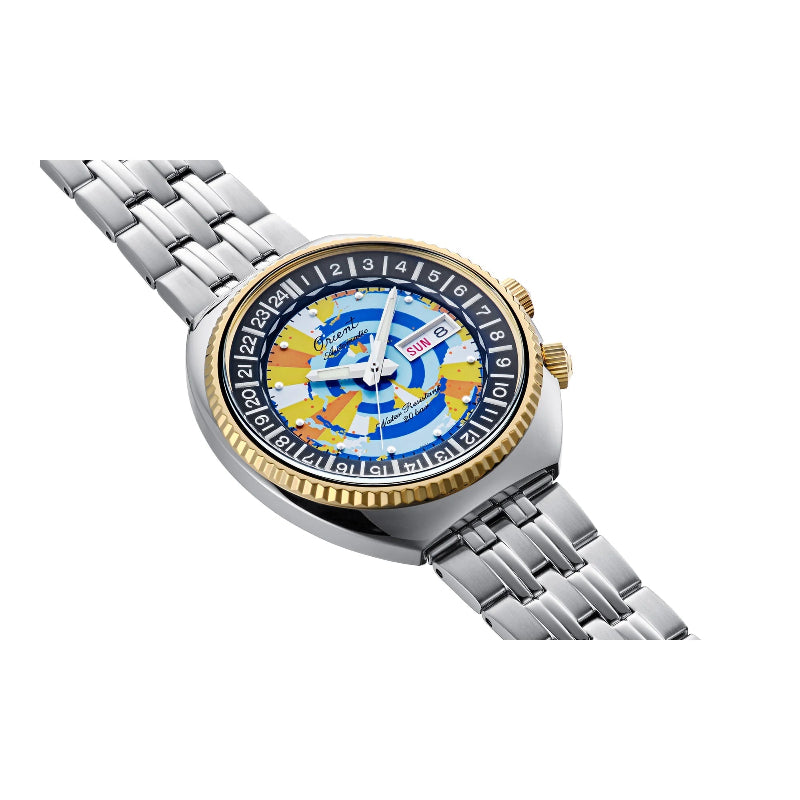 Orologio Orient World Map Heritage 1969 Edizione Limitata 75° automatico da uomo con quadrante mappa multicolor e cassa in acciaio.
