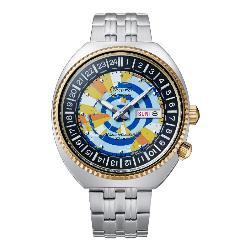 Orologio Orient World Map Heritage 1969 Edizione Limitata 75° automatico da uomo con quadrante mappa multicolor e cassa in acciaio.