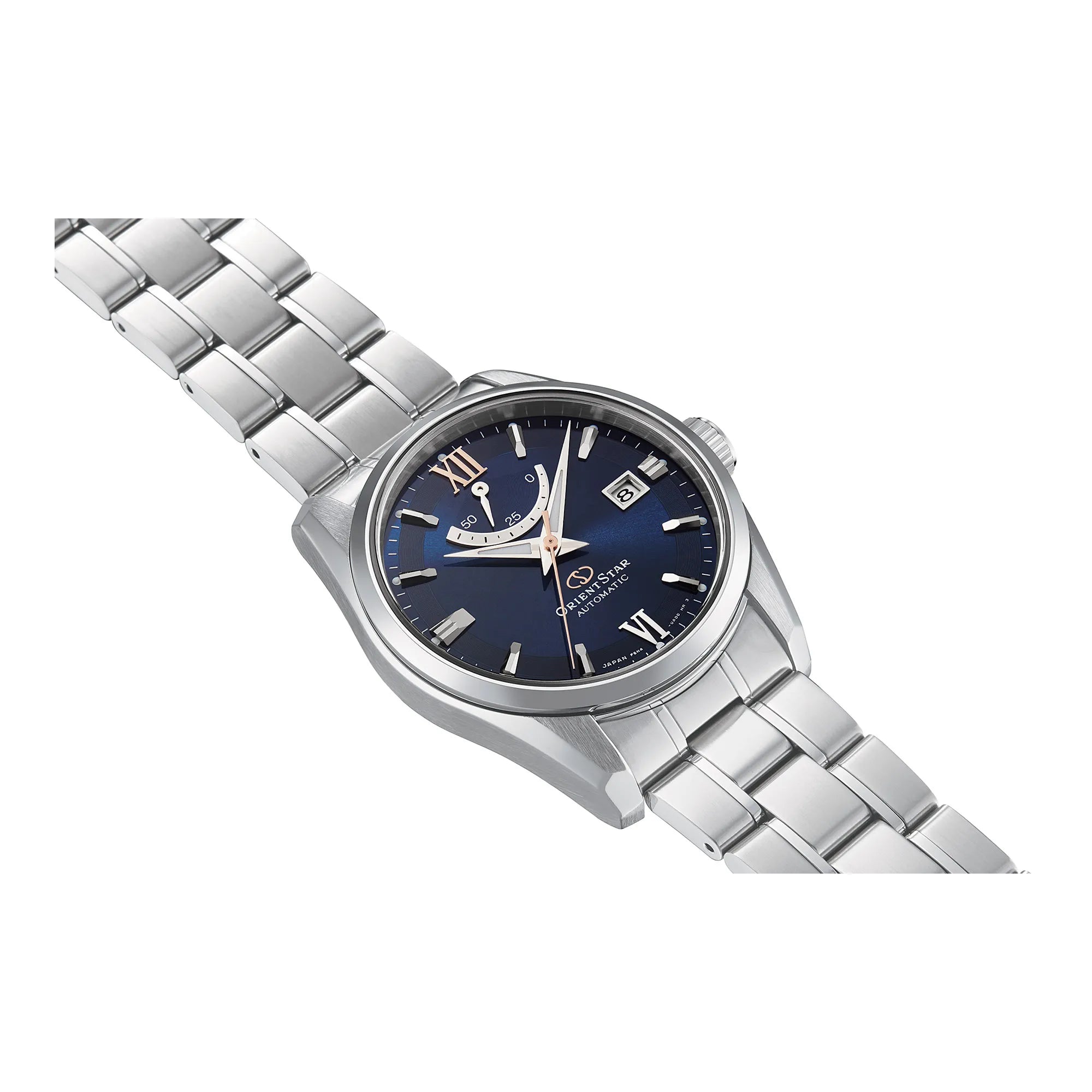 Orologio Orient Star Contemporary RE-AU0005L00B da uomo con quadrante blu, riserva di carica e bracciale in acciaio inox.