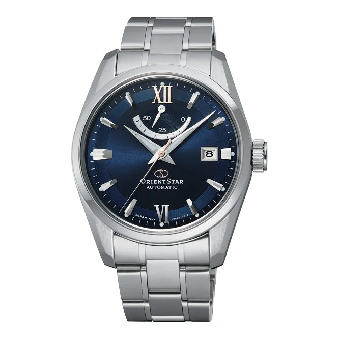 Orologio Orient Star Contemporary RE-AU0005L00B da uomo con quadrante blu, riserva di carica e bracciale in acciaio inox.