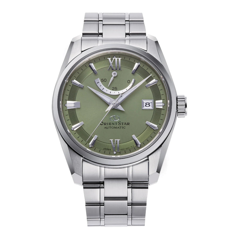 Orologio Orient Star Contemporary RE-AU0107E00B da uomo con quadrante verde oliva, riserva di carica e bracciale in acciaio inox.