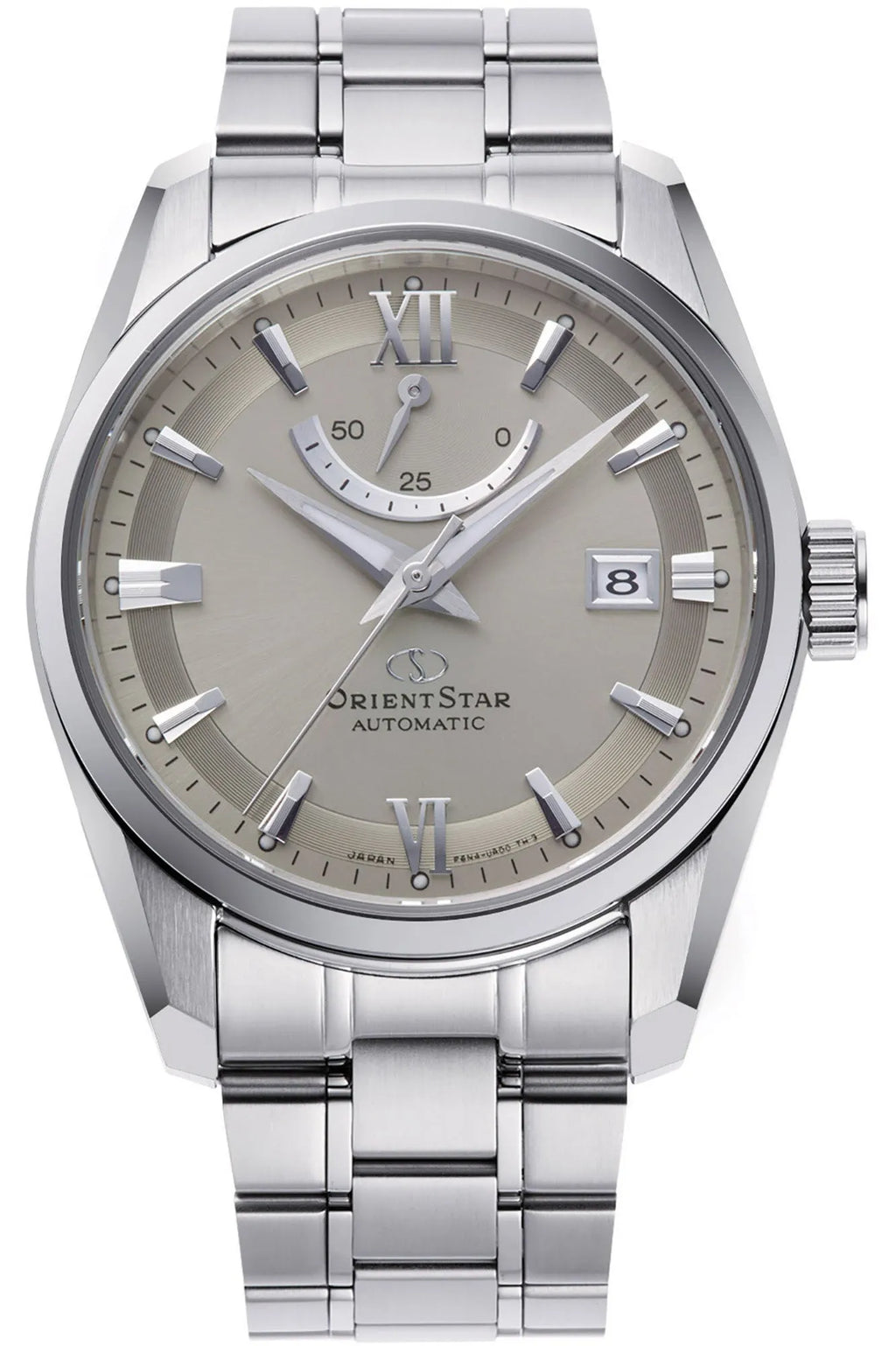 Orologio Orient Star Contemporary RE-AU0110N00B da uomo con quadrante grigio pietra, riserva di carica e bracciale in acciaio inox.