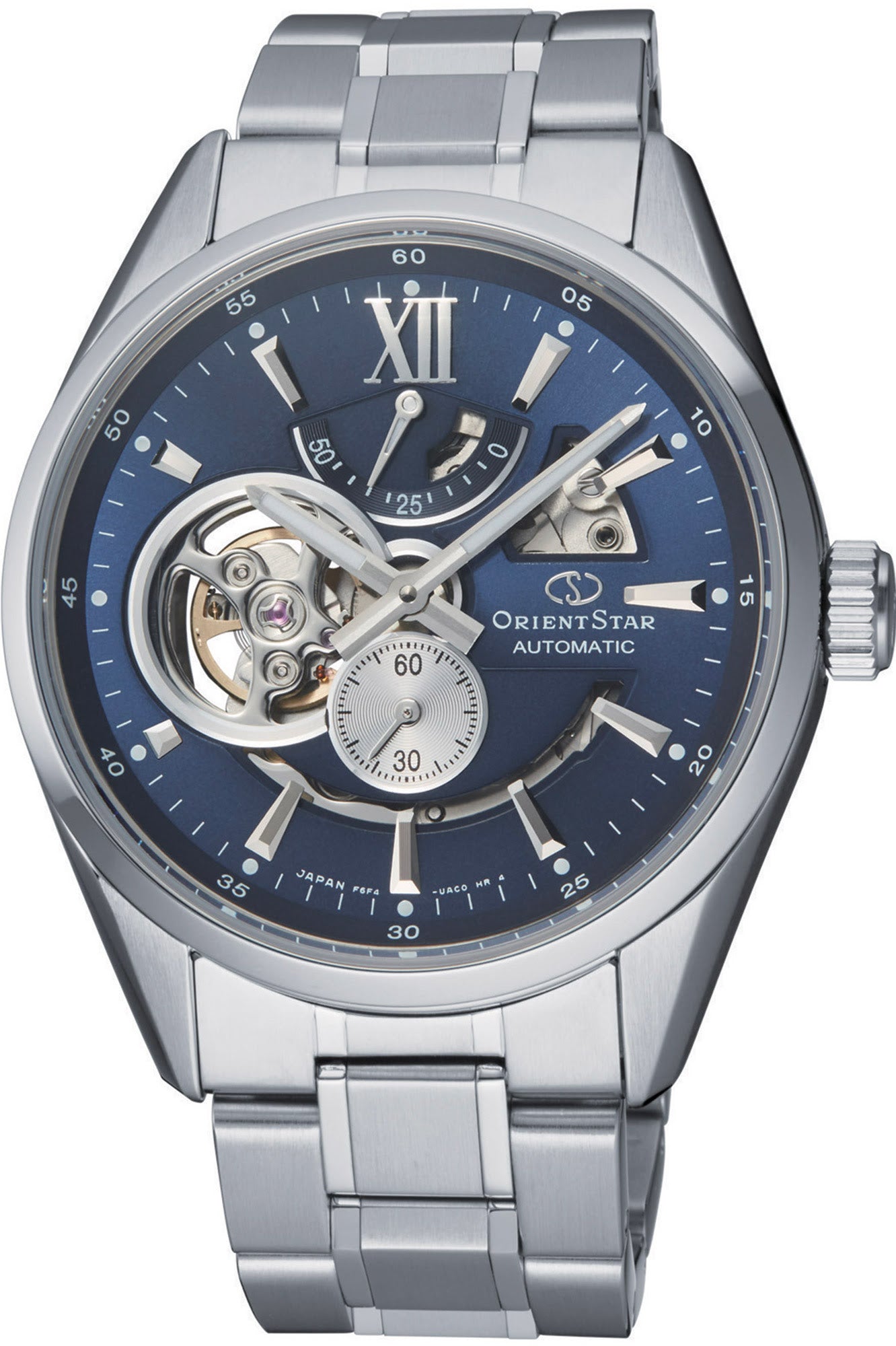 Orologio Orient Star Contemporary RE-AV0003L00B da uomo con quadrante blu notte, bilanciere a vista e bracciale in acciaio inox.