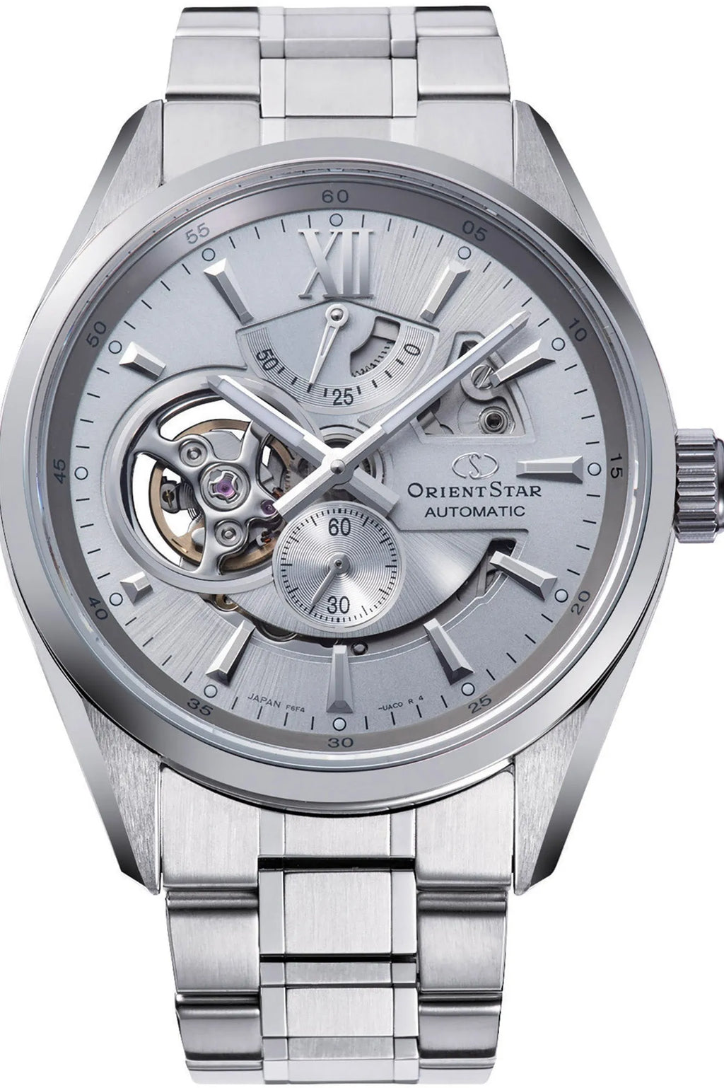 Orologio Orient Star Contemporary RE-AV0125S00B da uomo con quadrante traforato argento, bilanciere a vista e bracciale in acciaio inox.