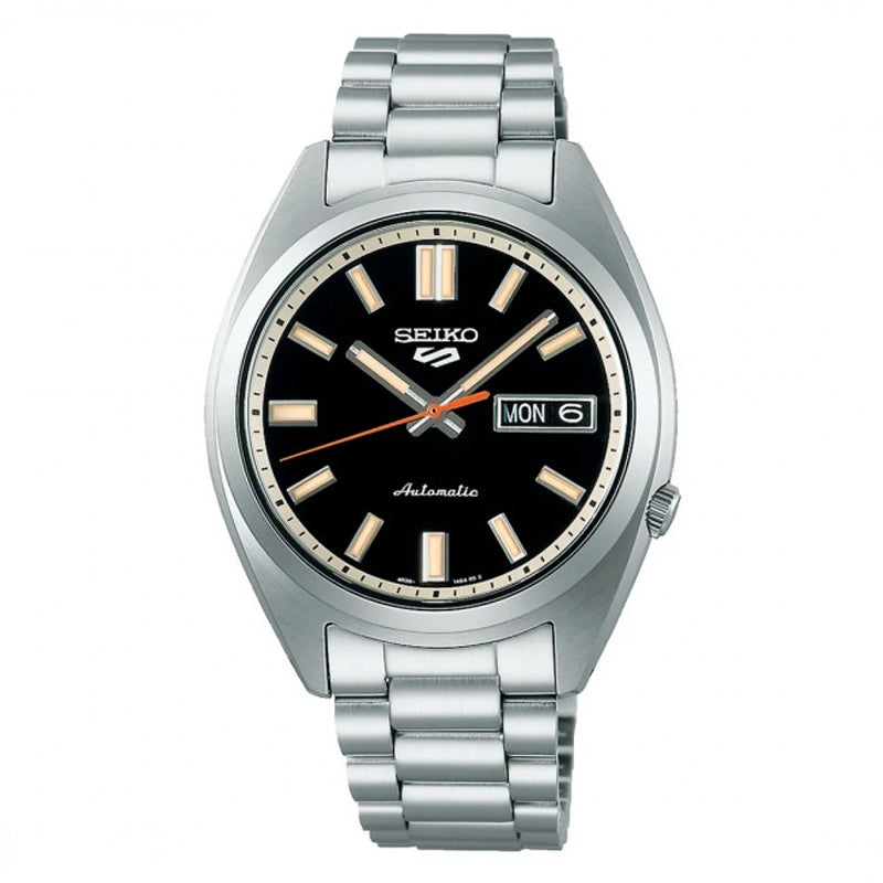 Orologio SEIKO 5 SRPK89K1 automatico con quadrante nero, lancetta arancione e bracciale in acciaio, riedizione SNXS.