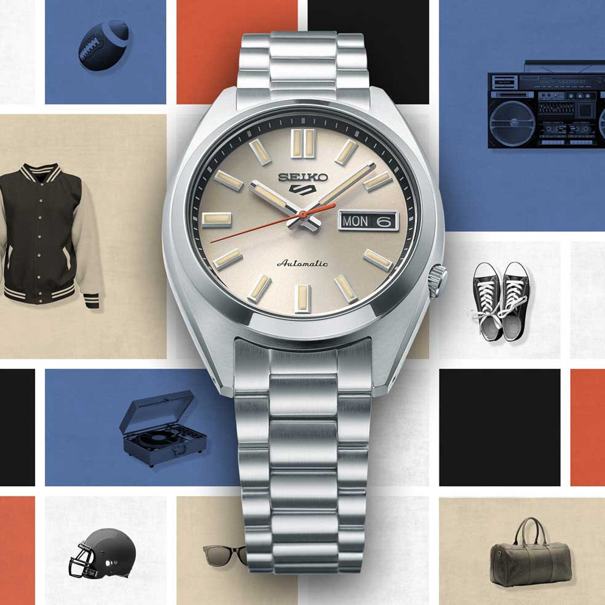 Orologio Seiko SRPK91K1 da uomo con quadrante beige e bracciale in acciaio, movimento automatico.