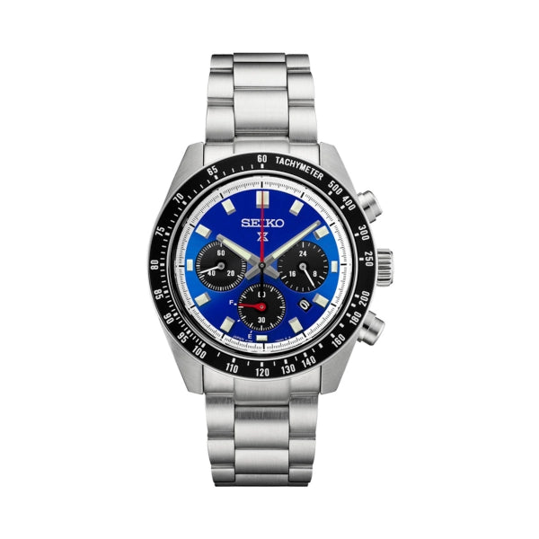 Orologio SEIKO SSC931 cronografo solare con quadrante blu, ghiera tachimetrica nera e bracciale in acciaio.