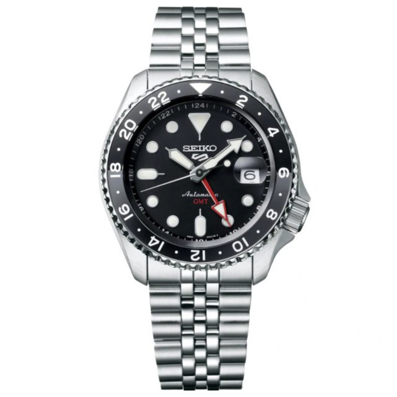 Orologio SEIKO SSK001K1 automatico GMT con quadrante nero, ghiera nero/grigia e bracciale in acciaio.