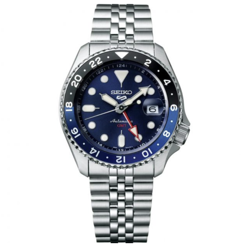 Orologio SEIKO SSK003K1 automatico GMT con quadrante blu, ghiera nero/blu e bracciale in acciaio.