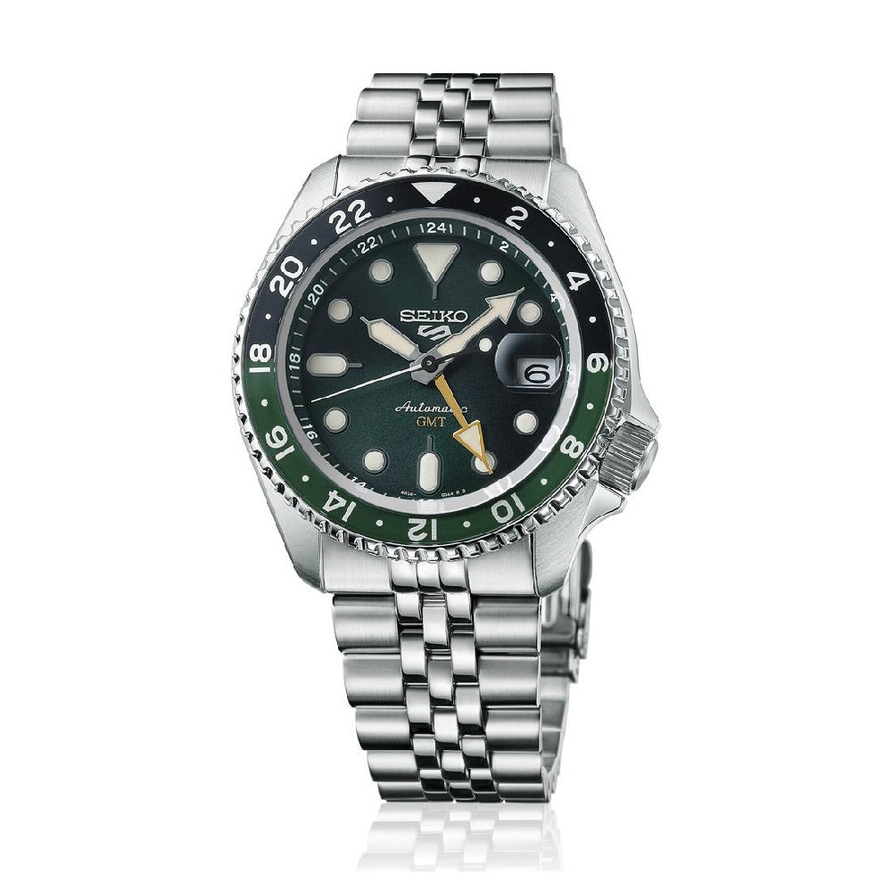Orologio SEIKO SSK035K1 automatico GMT con quadrante verde, ghiera verde/nera e bracciale in acciaio.